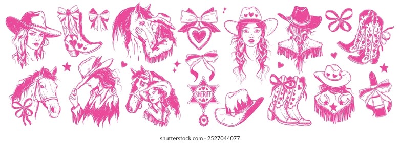 Conjunto de retrato de vaquera, cara de mujer occidental dibujada a mano, coqueta estrella del sheriff femenino de Texas de Vector. Retrato americano de la señora del rancho, sombrero tradicional del vaquero, botas femeninas, impresión retro del caballo. Retrato de vaquera