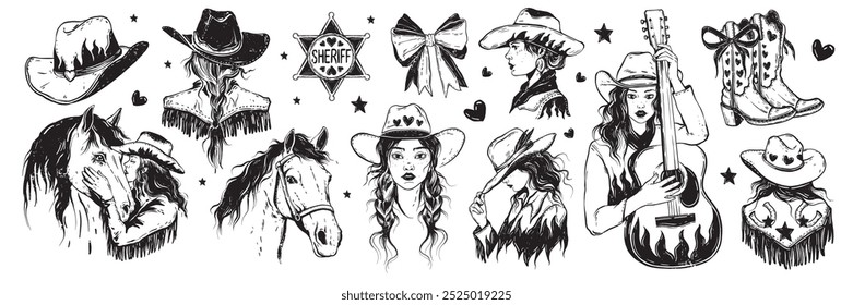 Cowgirl conjunto de retratos, mão vetor desenhado mulher ocidental com guitarra, estrela xerife feminino grunge Texas. Retrato da senhora do rancho americano, chapéu de cowboy tradicional, botas, impressão retro do cavalo. Retrato de Cowgirl