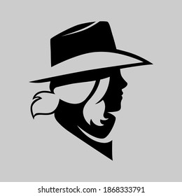 Cowgirl portrait side view symbol on gray backdrop. Design element