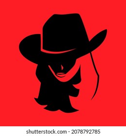 Cowgirl portrait symbol. Black symbol on red backdrop. Design element