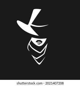 Cowgirl portrait symbol. White symbol on black backdrop. Design element