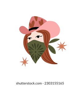 Cowgirl portrait. Wild west. Western female character face. Wearing bandana and hat, American texas people. Modern drawing. Contemporary art, bright colors vector cartoon flat style isolated set