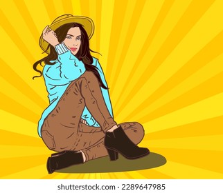 Cowgirl posing sitting vector for card, decoration, illustration