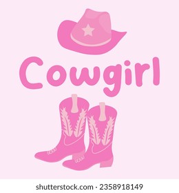 postal de COWGIRL. botas de vaquero rosadas y un sombrero de fondo rosado. Vector