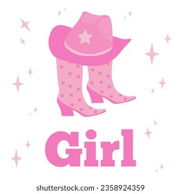 COWGIRL postcard. pink cowboy boots and hat, stars on a white background. Vector illustration