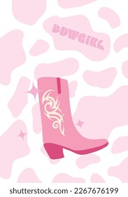 Afiche de una niña. Chica de vaca rosa con botas occidentales imprimidas.