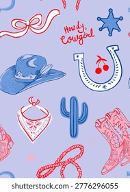Cowgirl print Pattern Design. Seamless Desert vibes cowboy patterns. girl's graphic tee shirt Textile Fabric Background. Desert Cowgirl element's. Cactus pattern Design. Vintage prints