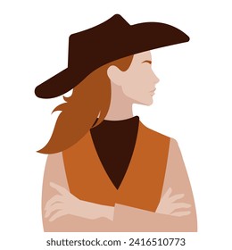 Cowgirl profile silhouette in a hat. Standing with arms crossed in a confident pose. Isolated. Head and chest only. Independent, strong, free woman.
