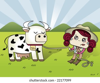 cowgirl pulling cow