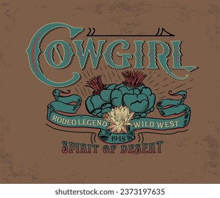 cowgirl retro vintage design, western vintage typography artwork for t shirt, sticker, poster, emblem, women t shirt graphic print, arizona desert cactus vector