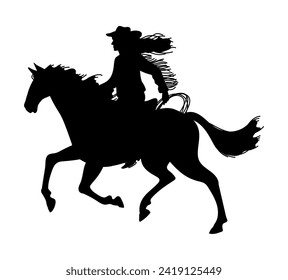 Cowgirl rides a horse quickly black silhouette. American western rodeo ranger woman. Swag cowgirl rider with rope, extreme hobby. Lady dressed in retro wild west style vector illustration isolated