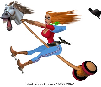 cowgirl rides on magic hobby-horse