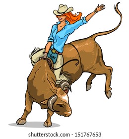 Cowgirl riding a bull, Isolated