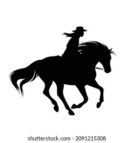 cowgirl riding galloping horse - running stallion and woman wearing cowboy hat black and white vector silhouette design