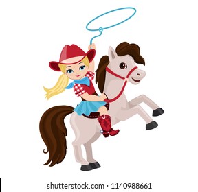 Cowgirl riding a horse with lasso.