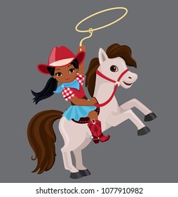 Cowgirl riding a horse with lasso.
Vector illustration isolated on gray  background.