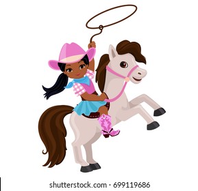 Cowgirl riding a horse with lasso. Vector illustration isolated on white background.