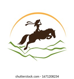 cowgirl riding horse, mountain sunset scene, vector