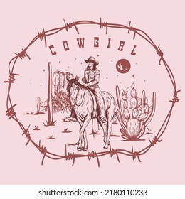 cowgirl Riding Horse on Desert  vector design. cowgirl desert  Graphic print for fashion and others. Desert Mountain Cactus Vintage.