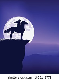 cowgirl riding horse standing at mountain cliff top against full moon -  nighttime great outdoors wild west scene silhouette landscape vector design