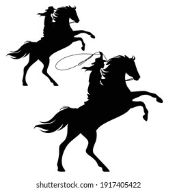 cowgirl riding a horse and throwing lasso - rearing up stallion and woman cowboy black and white vector silhouette design set