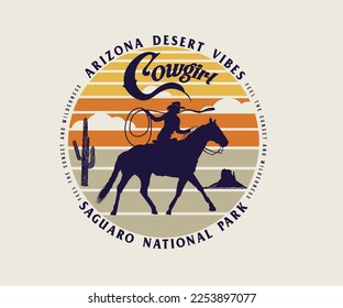 cowgirl riding horse vector illustration, cowgirl logotype design with typography, western country girl retro vintage design, cowgirl holding rope illustration