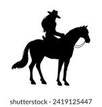 Cowgirl riding on horse black silhouette. American western rodeo ranger woman. Swag cowgirl with rope rides horse. Lady rider dressed in retro wild west style vector illustration isolated on white