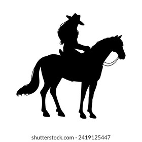 Niña cabalgando en una silueta negra de caballo. Mujer guardabosques de rodeo occidental estadounidense. Una vaquera con una cuerda monta a caballo. Lady rider vestida de forma retro de estilo salvaje occidental ilustración vectorial aislada en blanco