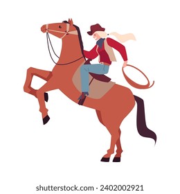 Niña cabalgando a caballo en un Rodeo. Mujer guardabosques de rodeo occidental estadounidense. Una vaquera blanda con una cuerda montando a caballo, hobby extremo. Señora vestida de forma retro estilo salvaje occidental ilustración vectorial aislada en blanco