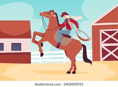 Niña cabalgando a caballo en un Rodeo. Una vaquera blanda con una cuerda monta a caballo en el rancho. Ilustración vectorial de la mujer ranger de rodeo occidental norteamericana. Señora vestida al estilo retro del oeste salvaje