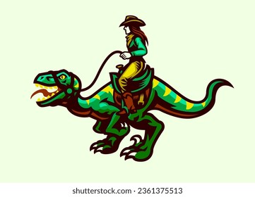 Cowgirl Riding Raptor in Retro Vintage Style