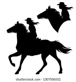 cowgirl riding running horse - beautiful female horseback cowboy black and white vector silhouette set