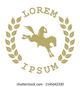 cowgirl riding wild horse, gold laurel wreath logo template