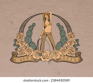 cowgirl con diseño de vector de rosa, arte de vintage occidental retro vintage, diseño de niña rodeo para camiseta, pegatina, afiche, impresión gráfica