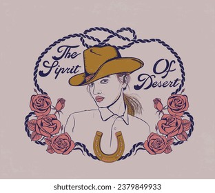 cowgirl con ilustración de vector de rosa, huella gráfica de cosecha occidental, diseño de niña rodeo, arte de tipografía de rosa del desierto para camiseta, pegatina, afiche 