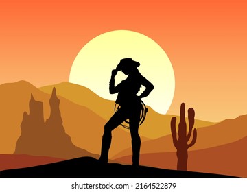 Cowgirl silhouette with desert sunset landscape scene background vector art illustration design.