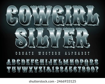 Cowgirl Silver; An ornate western alphabet with a polished silver 3d effect