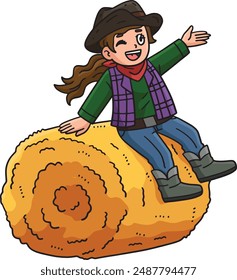 Cowgirl Sitting Hay Bale Cartoon Colored Clipart 