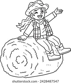 Cowgirl Sitting on Hay Bale Isolated Coloring Page