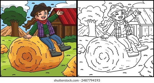 Cowgirl Sitting on Hay Bale Coloring Illustration