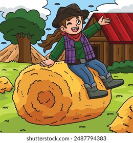 Cowgirl Sitting on Hay Bale Colored Cartoon 