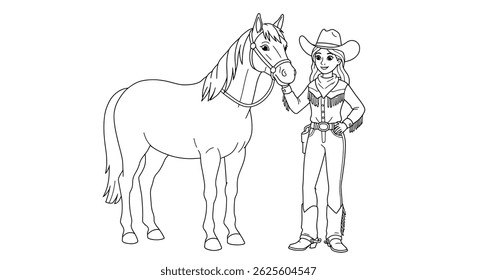 Cowgirl Em Pé Ao Lado De Friendly Horse Outline Western Animal Friendship Theme Ranch Vida Página De Coloração Para Crianças Alegria
