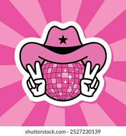 vaqueira adesivo, chapéu de cowboy na bola de disco, elemento vetor rosa quente no fundo groovy