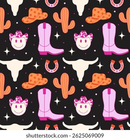 Cowgirl Stickers Seamless Pattern Background. Vector Design Elements. Wild West, Western Themed, Y2K.
