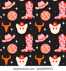 Cowgirl Stickers Seamless Pattern Background. Vector Design Elements. Wild West, Western Themed, Y2K.