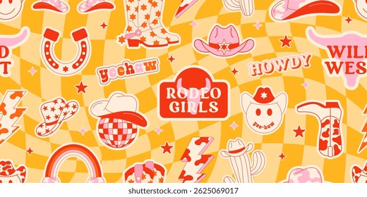 Cowgirl Stickers Seamless Pattern Background. Vector Design Elements. Wild West, Western Themed, Y2K.
