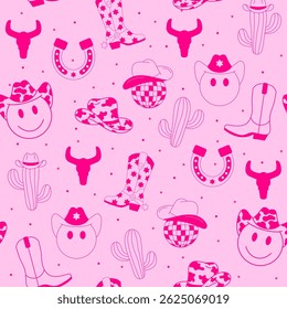 Cowgirl Stickers Seamless Pattern Background. Vector Design Elements. Wild West, Western Themed, Y2K.