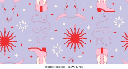 Cowgirl Stickers Seamless Pattern Background. Vector Design Elements. Wild West, Western Themed, Y2K.