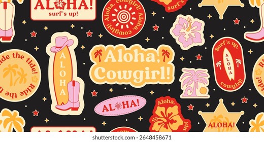 Cowgirl Adesivos Plano de Fundo Padrão Sem Costura. Elementos de design vetorial. Aloha, Surf, Y2K.