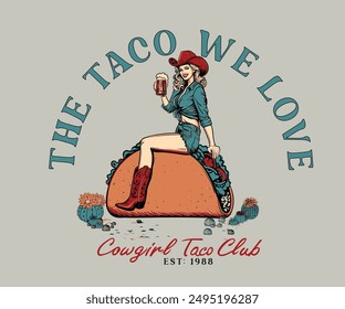 Cowgirl mit Taco Vektorgrafik Comic Art, Wester Vintage Taco Art, Cowgirl in Wüste Kunstwerk, Retro Vintage T-Shirt Design 